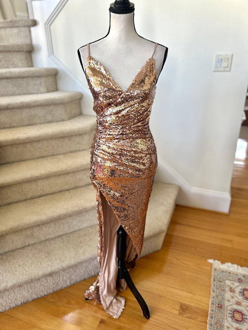 NWT Fashion Nova Rose Gold Beautiful Escape Maxi Sheath Slit Dress
